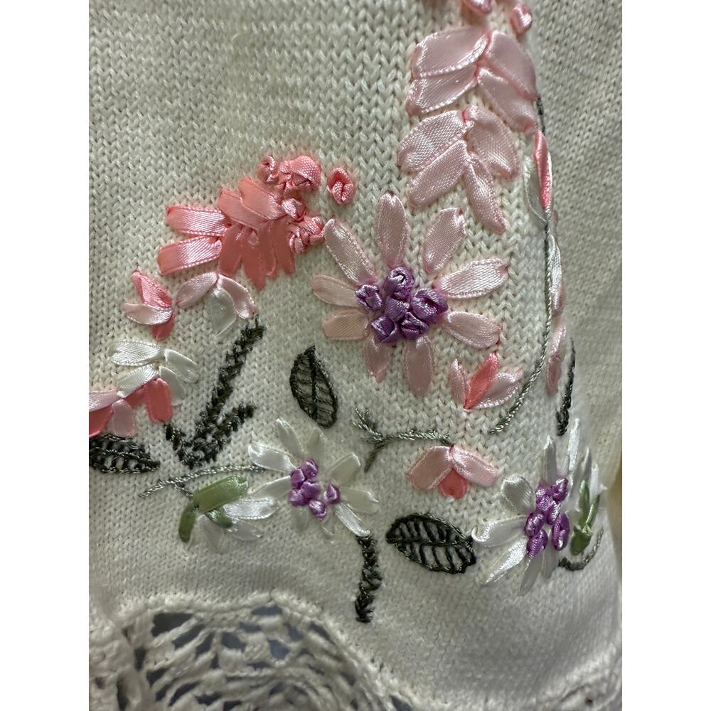 VTG Seventh Avenue Womens L White Floral Knitted Pullover Sweater Crochet Easter - Picture 2 of 7